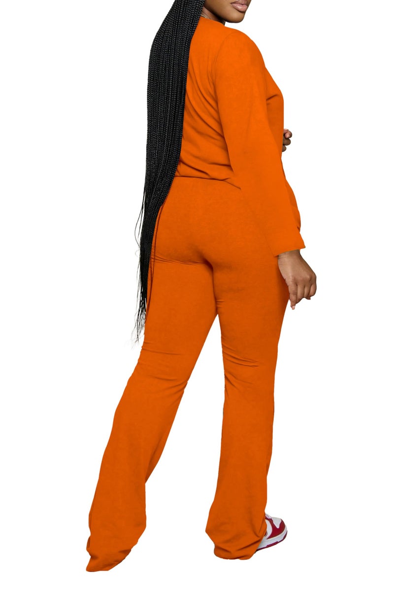 PINSV Womens 2 Piece Outfits Casual Sets Long Sleeve Top and Flare Pants Lounge Sets Tracksuit Orange XXL - Image 2