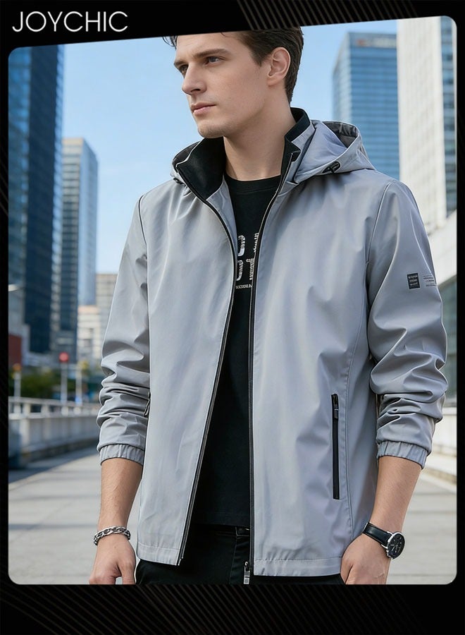 Joychic جاكيت رجال بألوان صلبة مع غطاء رأس لفصلي الربيع والخريف رياضي مقاوم للرياح بسحاب مع كاب خارجي - Image 1