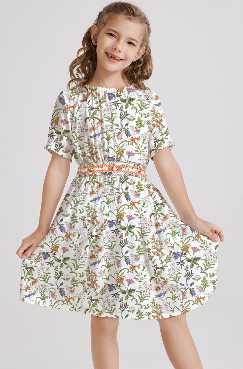 tiny sugar Girls Floral Smocked Waist Dress Church Holiday Playwear Soft Midi Dress with Pockets Flower Bird Green SS-7y - Image 5