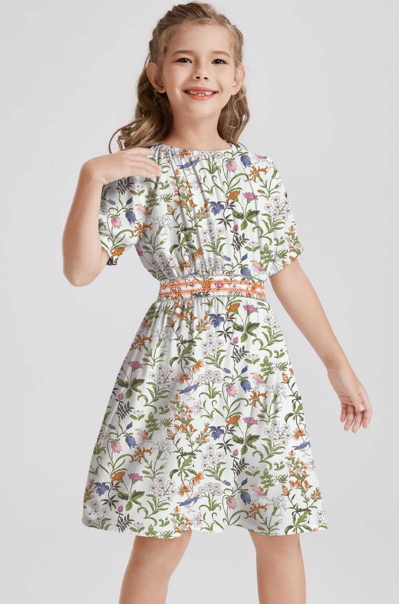 tiny sugar Girls Floral Smocked Waist Dress Church Holiday Playwear Soft Midi Dress with Pockets Flower Bird Green SS-7y - Image 4