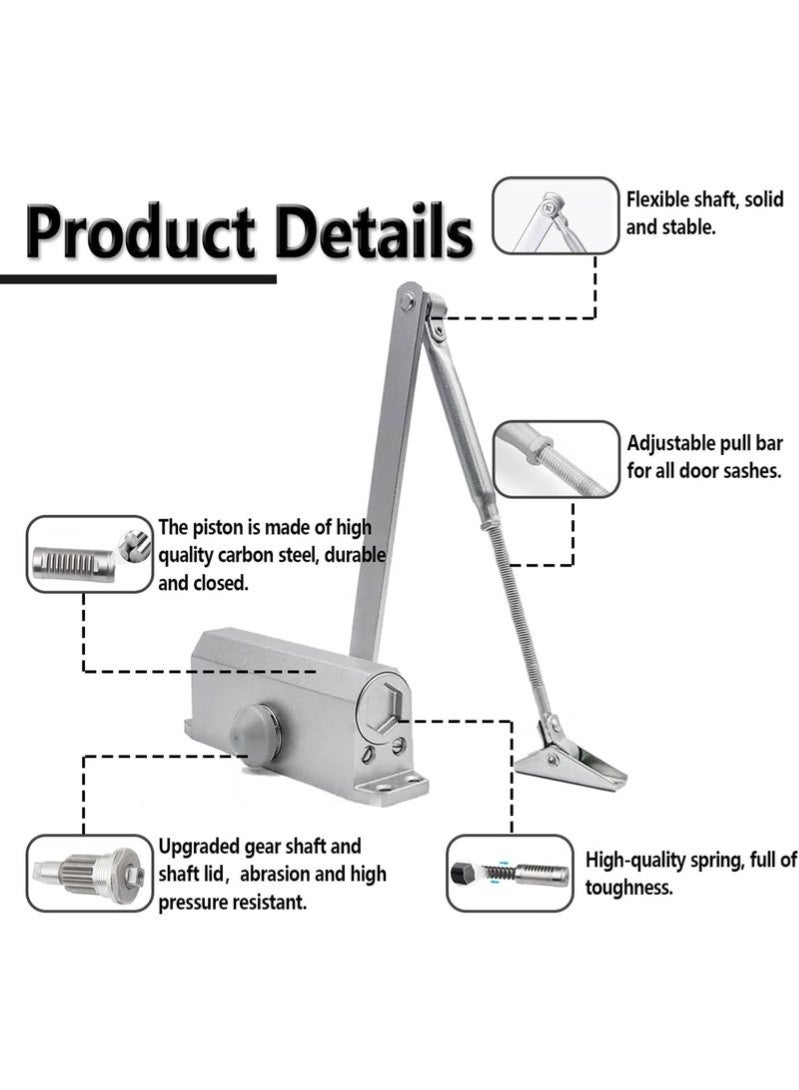 Automatic Door Closer Heavy Duty Aluminium Single Arm Door Closer, Adjustable Hydraulic Quiet Safety Spring Gate Closer Overhead Mounted for 65-85kg Wooden Glass Metal Doors Fire Door Internal Door - Image 2