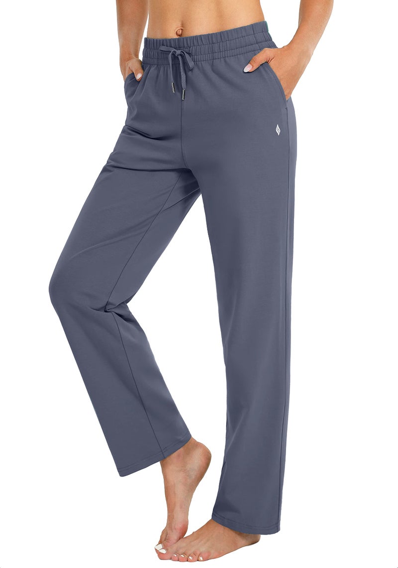 SANTINY Women's Cotton Sweatpants Yoga Lounge Casual Pants Open Bottom Sweat Pants for Women with Pockets (Dusty Blue_L) - Image 1