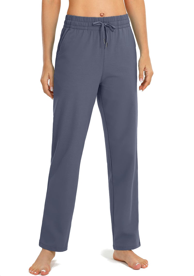 SANTINY Women's Cotton Sweatpants Yoga Lounge Casual Pants Open Bottom Sweat Pants for Women with Pockets (Dusty Blue_L) - Image 2