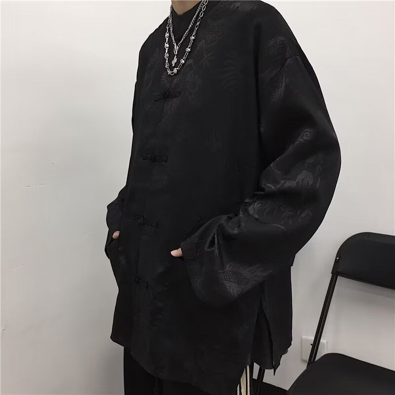 New Chinese Style National Fashion Retro Boys And Girls Dark Dragon Button Chinese Style Loose Long Sleeve Shirt Coat Top - Image 1