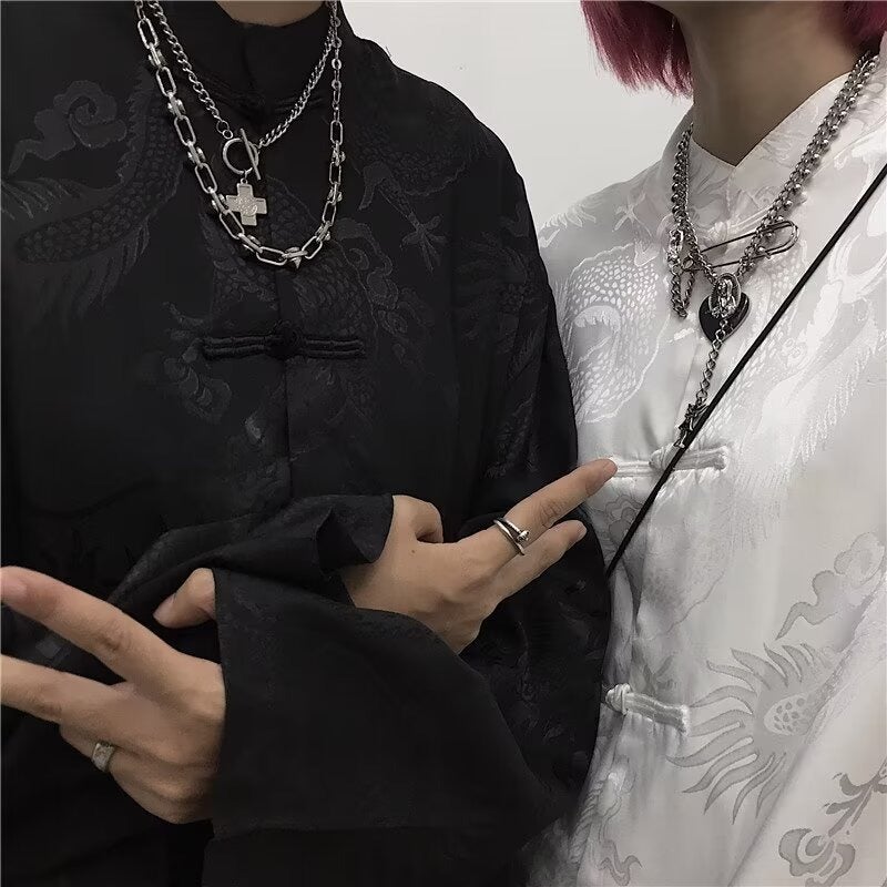 New Chinese Style National Fashion Retro Boys And Girls Dark Dragon Button Chinese Style Loose Long Sleeve Shirt Coat Top - Image 2