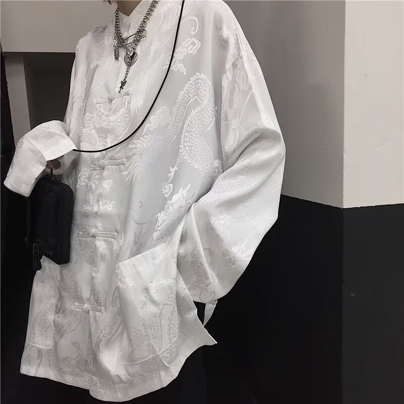 New Chinese Style National Fashion Retro Boys And Girls Dark Dragon Button Chinese Style Loose Long Sleeve Shirt Coat Top - Image 3