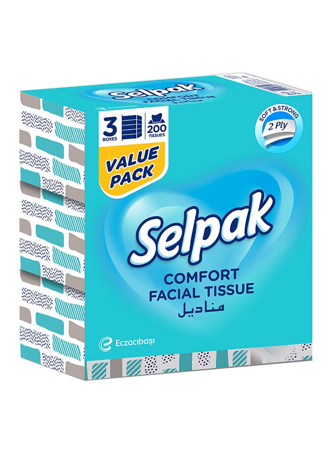 Selpak Comfort Boxed Facial Tissues 200 Sheets x 2 Ply Pack of 3 - Image 1
