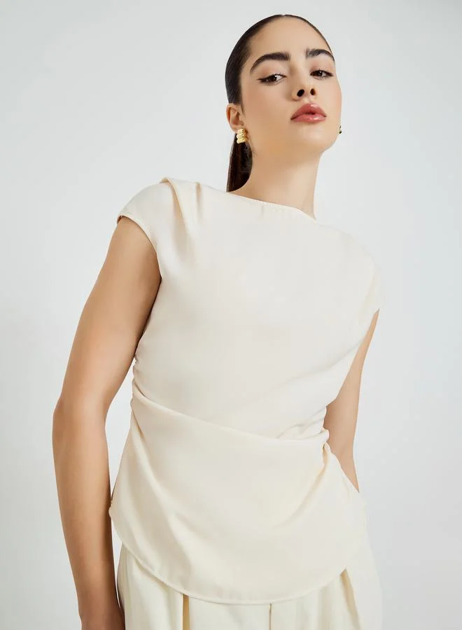Styli Beige Pleated Sleeveless Blouse