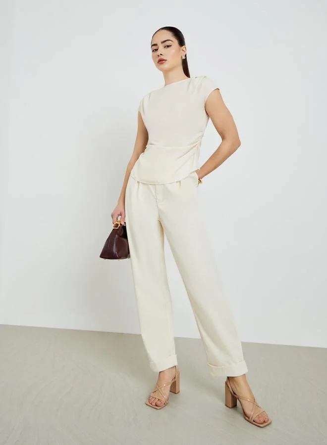 Styli Beige Pleated Sleeveless Blouse