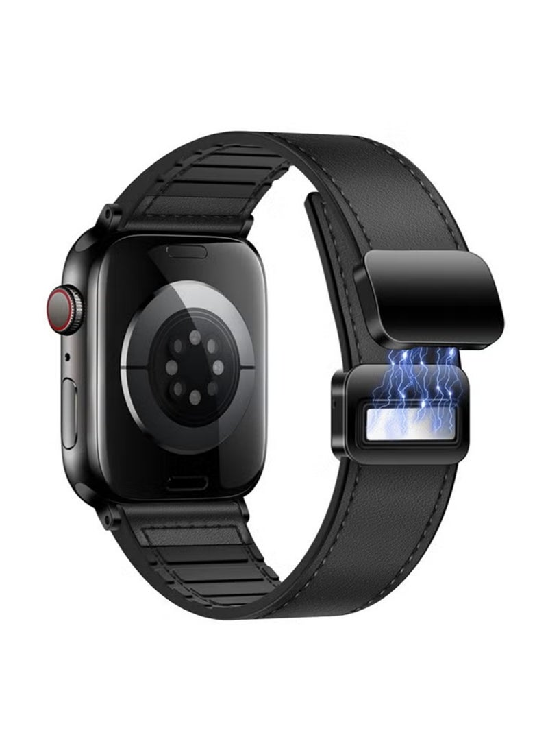 إكس ليفيل أساور جلدية مغناطيسية متوافقة مع ساعات أبل 49 مم، 46 مم، 45 مم، 44 مم للرجال والنساء، جلد طبيعي مع مشبك مغناطيسي لساعة آي ووتش ألترا 1/2 سلسلة SE/10/9/8/7/6/5/4/3 (أسود). - Image 1