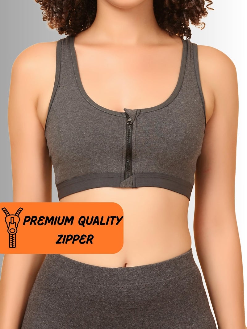 Mysha Women's Sports Bra Cotton Non Padded Wirefree Full Coverage Zipper Front Closure Broad Strap High Support Racer Back Gym/Workout/Fitness/Yoga/Running/Exercise Bra, Grey - Image 5