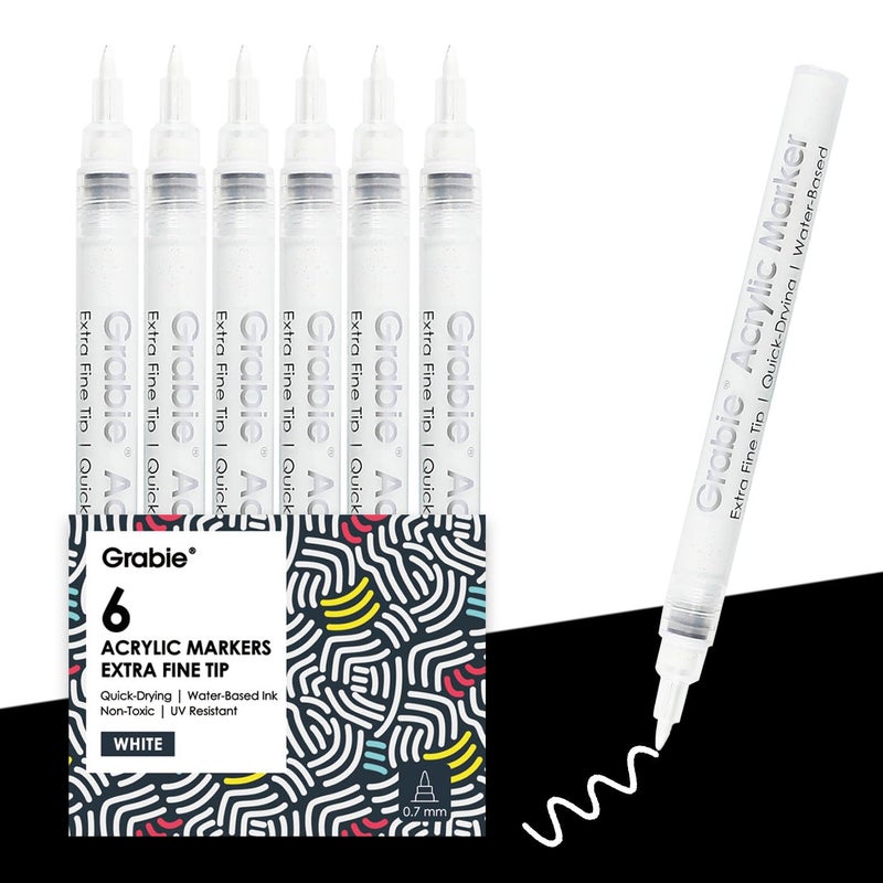 Grabie 6 White Acrylic Paint Markers, 0.7mm Extra Fine Tip Acrylic Paint Pens for Drawing, Coloring Books for Adults - Image 1
