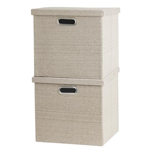 EITMOW Storage Bins with Lids,13 x 13 Inch Foldable Fabric Cube Baskets Boxes Organizer for Closet, Shelves, and Home. (Khaki, (13x13) 2 pack) - Image 1