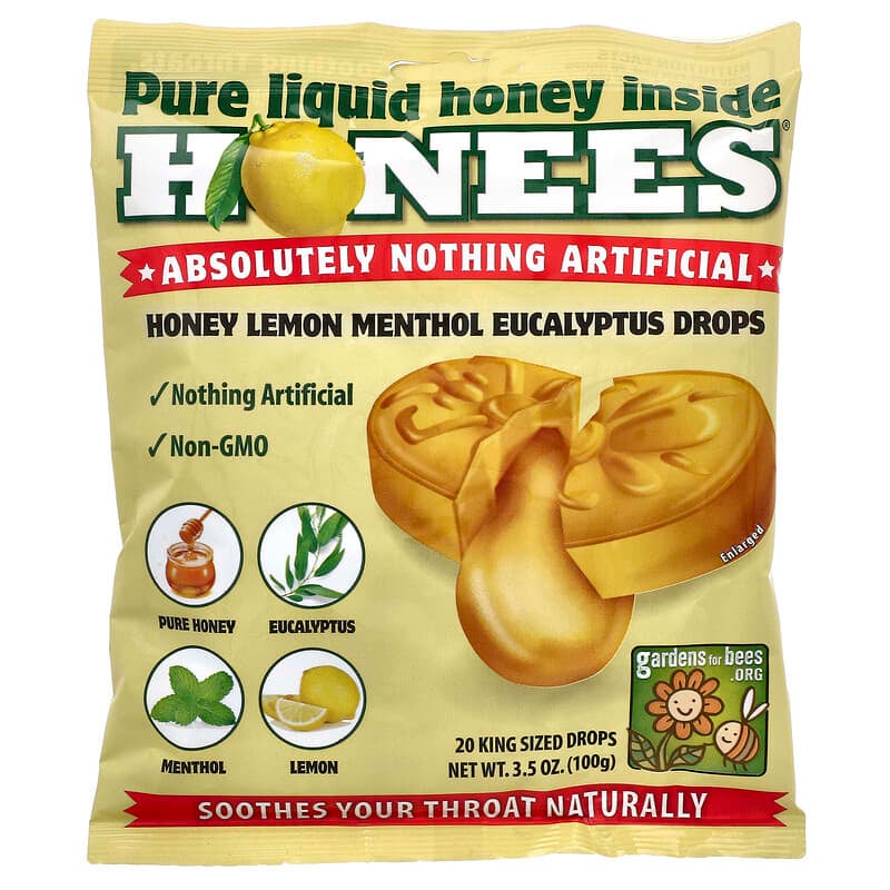 Honees, Honey Lemon Menthol Eucalyptus Cough Drops, 20 King Sized Drops, 3.5 oz (100 g)