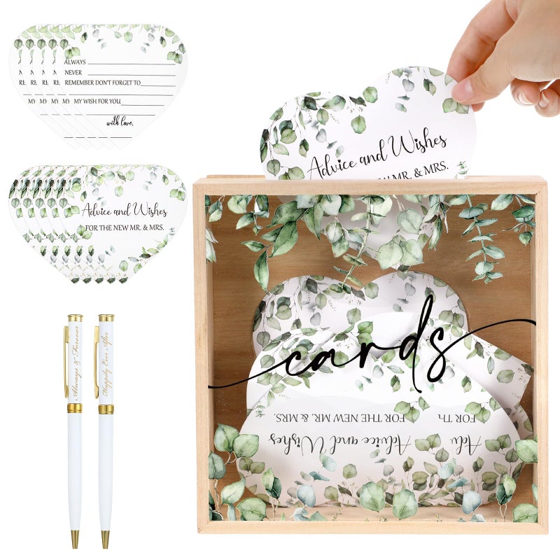 Roowest 53 Pcs Wedding Card Boxes for Reception Greenery Holder Box 50 Heart Shape Advice and Wishes Card 2 Ballpoint Pens Wedding Wishes Set for Bridal Shower Engagement Party Favor Decorations - Image 1