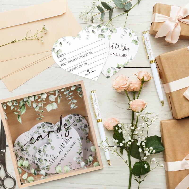 Roowest 53 Pcs Wedding Card Boxes for Reception Greenery Holder Box 50 Heart Shape Advice and Wishes Card 2 Ballpoint Pens Wedding Wishes Set for Bridal Shower Engagement Party Favor Decorations - Image 4