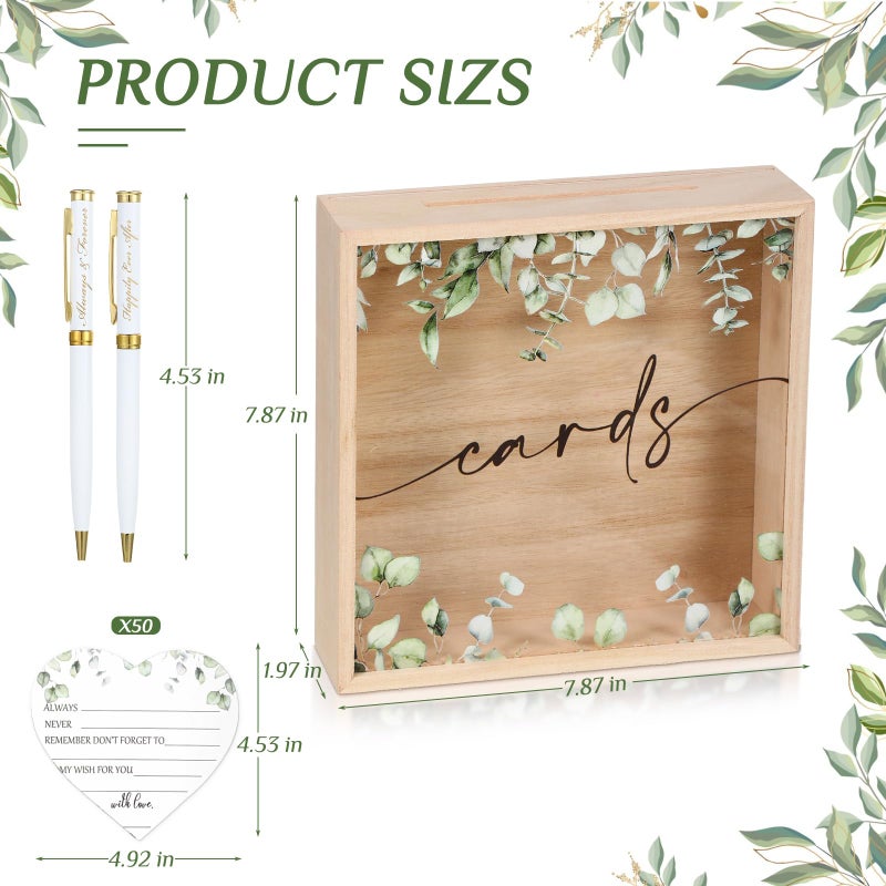 Roowest 53 Pcs Wedding Card Boxes for Reception Greenery Holder Box 50 Heart Shape Advice and Wishes Card 2 Ballpoint Pens Wedding Wishes Set for Bridal Shower Engagement Party Favor Decorations - Image 2