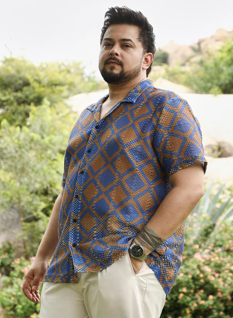 Instafab Plus  Instafab Plus Men Geometric-Block Imprint Oversized Shirt | Cuban Collar , Short Sleeve | Button Closure , Straight Hem | Geometric Print Crochet | Woven Fabric For Casual & Daily Wear | Blue & Brown for Men | Best Price UAE