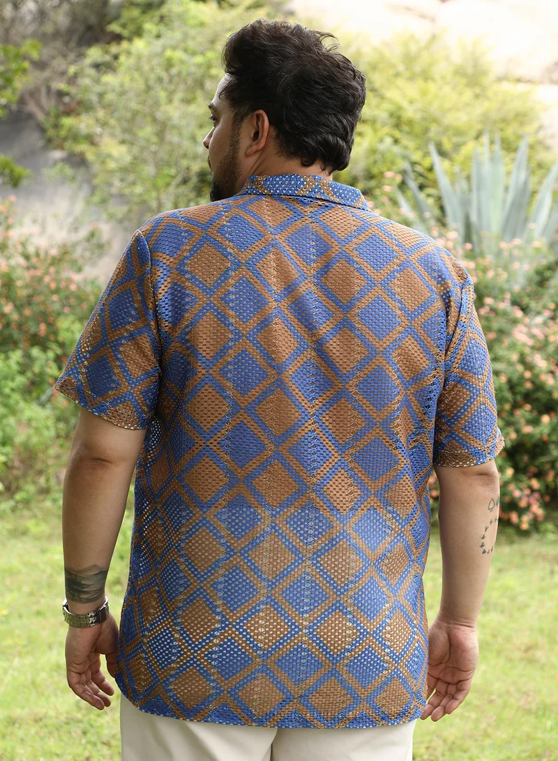Instafab Plus  Instafab Plus Men Geometric-Block Imprint Oversized Shirt | Cuban Collar , Short Sleeve | Button Closure , Straight Hem | Geometric Print Crochet | Woven Fabric For Casual & Daily Wear | Blue & Brown for Men | Best Price UAE