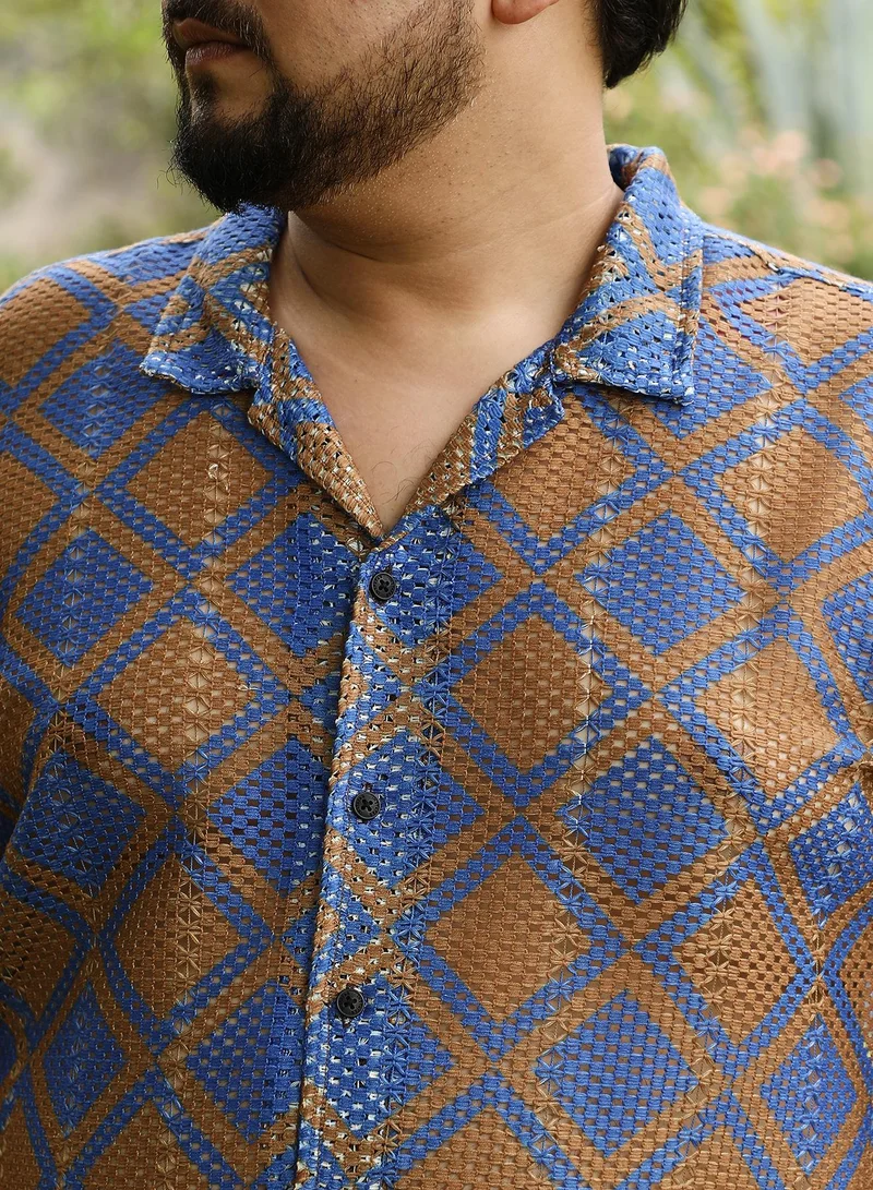 Instafab Plus  Instafab Plus Men Geometric-Block Imprint Oversized Shirt | Cuban Collar , Short Sleeve | Button Closure , Straight Hem | Geometric Print Crochet | Woven Fabric For Casual & Daily Wear | Blue & Brown for Men | Best Price UAE
