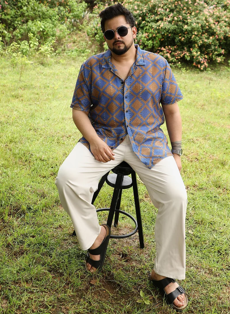Instafab Plus  Instafab Plus Men Geometric-Block Imprint Oversized Shirt | Cuban Collar , Short Sleeve | Button Closure , Straight Hem | Geometric Print Crochet | Woven Fabric For Casual & Daily Wear | Blue & Brown for Men | Best Price UAE