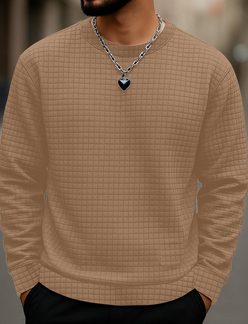 KAJARU Quilted Pattern Long Sleeve Sweatshirt, Round Neck, Men's Casual Pullover, Grey, Black, Beige (in, Alpha, L, CHIKU) - Image 2