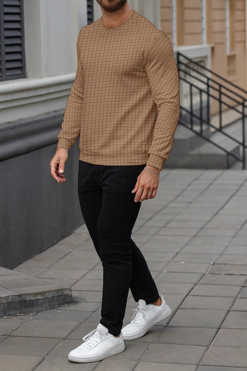 KAJARU Quilted Pattern Long Sleeve Sweatshirt, Round Neck, Men's Casual Pullover, Grey, Black, Beige (in, Alpha, L, CHIKU) - Image 4