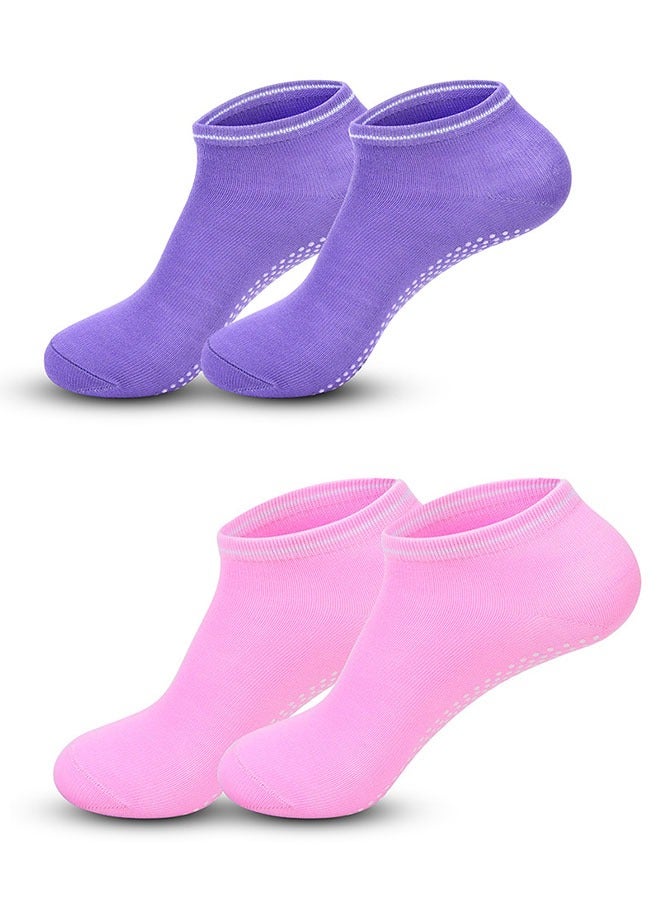 Generic 2 Pairs Non Slip Skid Socks for Women, Short Cotton i-Skid Socks for Show Athletic Pilates Ballet Barre Yoga Socks (Purple Pink) - Image 1