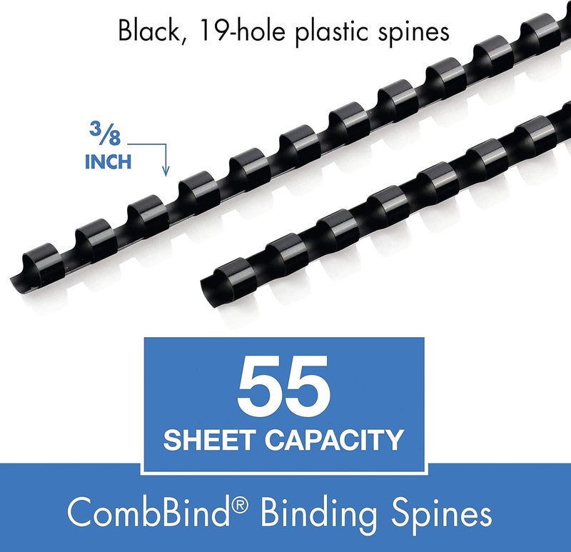 Mead CombBind Binding Spines/Spirals/Coils/Combs, 3/8", 55 Sheet Capacity, Black, 125 Pack (4000132) - Image 2