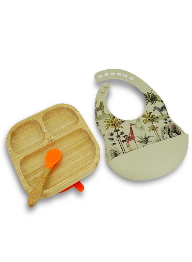 StarKiddo ®️ ‘Slate’ Bamboo Suction Plates for Baby and Toddler | Weaning Spoon and Cute Adjustable Printed Bib -Baby-Led Weaning Supplies for Toddler Self-Feeding [Orange, Beige] - Image 1
