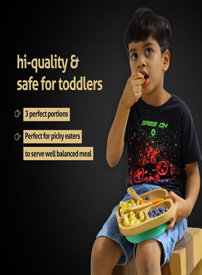 StarKiddo ®️ ‘Slate’ Bamboo Suction Plates for Baby and Toddler | Weaning Spoon and Cute Adjustable Printed Bib -Baby-Led Weaning Supplies for Toddler Self-Feeding [Orange, Beige] - Image 3