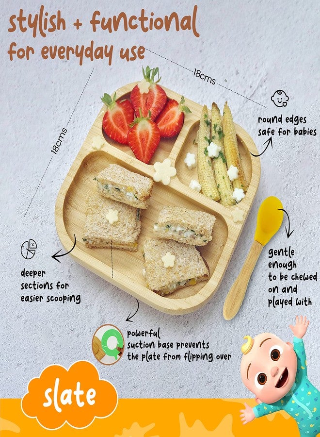 StarKiddo ®️ ‘Slate’ Bamboo Suction Plates for Baby and Toddler | Weaning Spoon and Cute Adjustable Printed Bib -Baby-Led Weaning Supplies for Toddler Self-Feeding [Orange, Beige] - Image 4