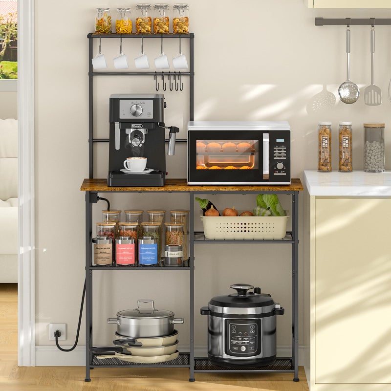 3IngSeagulls Bakers Rack with Power Outlet, Kitchen Microwave Stand with 10 S-shaped Hooks, 6-Tier Coffee Bar Station, Kitchen Storage Shelf Rack for Spices, Pots, Rustic Brown - Image 1