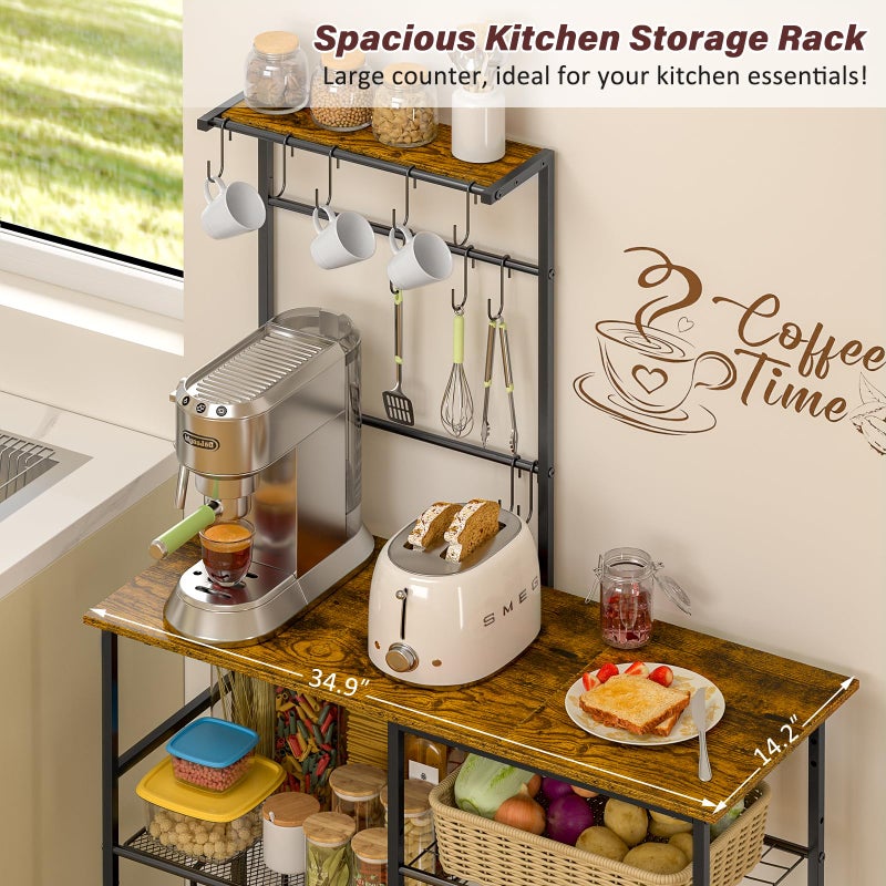 3IngSeagulls Bakers Rack with Power Outlet, Kitchen Microwave Stand with 10 S-shaped Hooks, 6-Tier Coffee Bar Station, Kitchen Storage Shelf Rack for Spices, Pots, Rustic Brown - Image 5