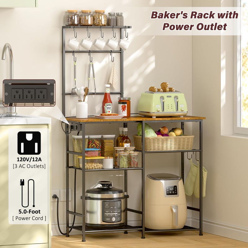 3IngSeagulls Bakers Rack with Power Outlet, Kitchen Microwave Stand with 10 S-shaped Hooks, 6-Tier Coffee Bar Station, Kitchen Storage Shelf Rack for Spices, Pots, Rustic Brown - Image 3