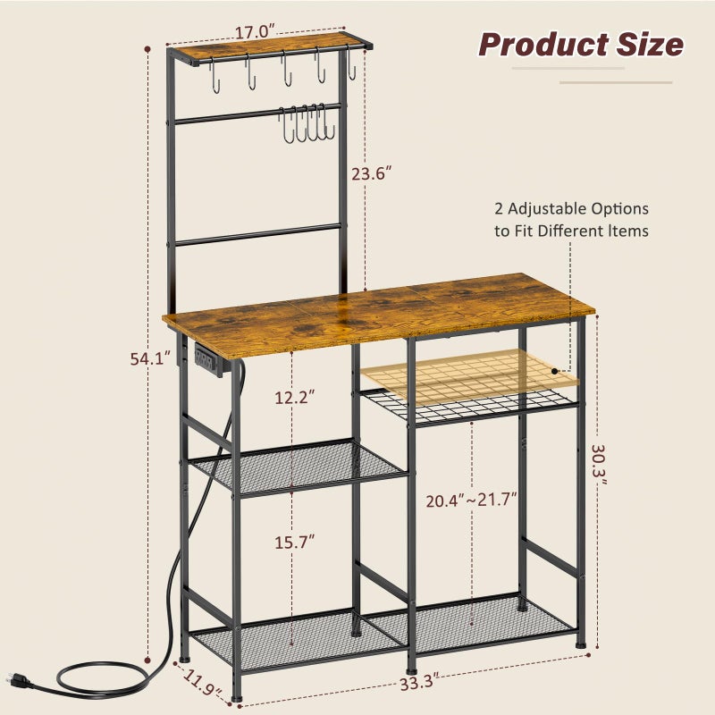 3IngSeagulls Bakers Rack with Power Outlet, Kitchen Microwave Stand with 10 S-shaped Hooks, 6-Tier Coffee Bar Station, Kitchen Storage Shelf Rack for Spices, Pots, Rustic Brown - Image 2