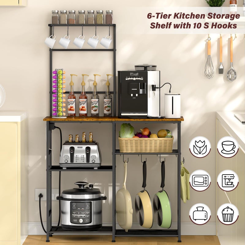 3IngSeagulls Bakers Rack with Power Outlet, Kitchen Microwave Stand with 10 S-shaped Hooks, 6-Tier Coffee Bar Station, Kitchen Storage Shelf Rack for Spices, Pots, Rustic Brown - Image 4