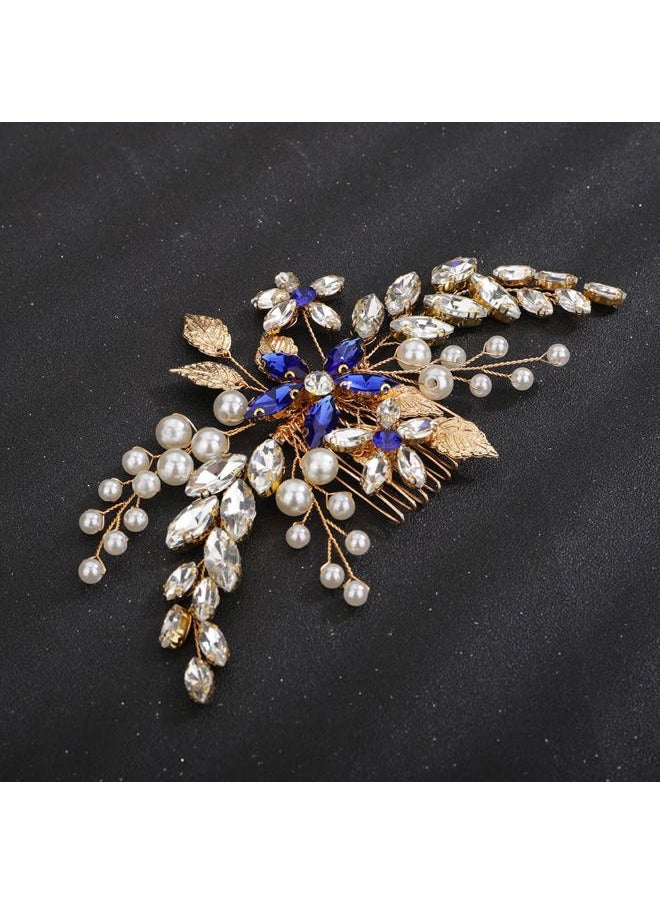 BERYUAN - Blue Crystal Rhinestone Flower Pearls Hair Comb Gold Leaf Hair Piece for Women and Girls Gold Wedding Hair Accessory for Brides and Bridemaids - Image 1