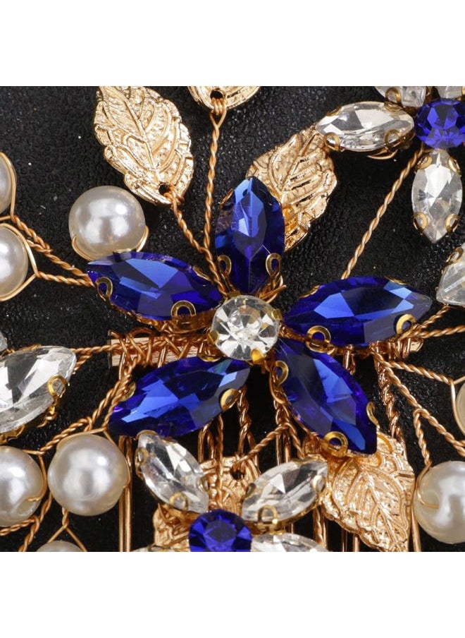 BERYUAN - Blue Crystal Rhinestone Flower Pearls Hair Comb Gold Leaf Hair Piece for Women and Girls Gold Wedding Hair Accessory for Brides and Bridemaids - Image 1