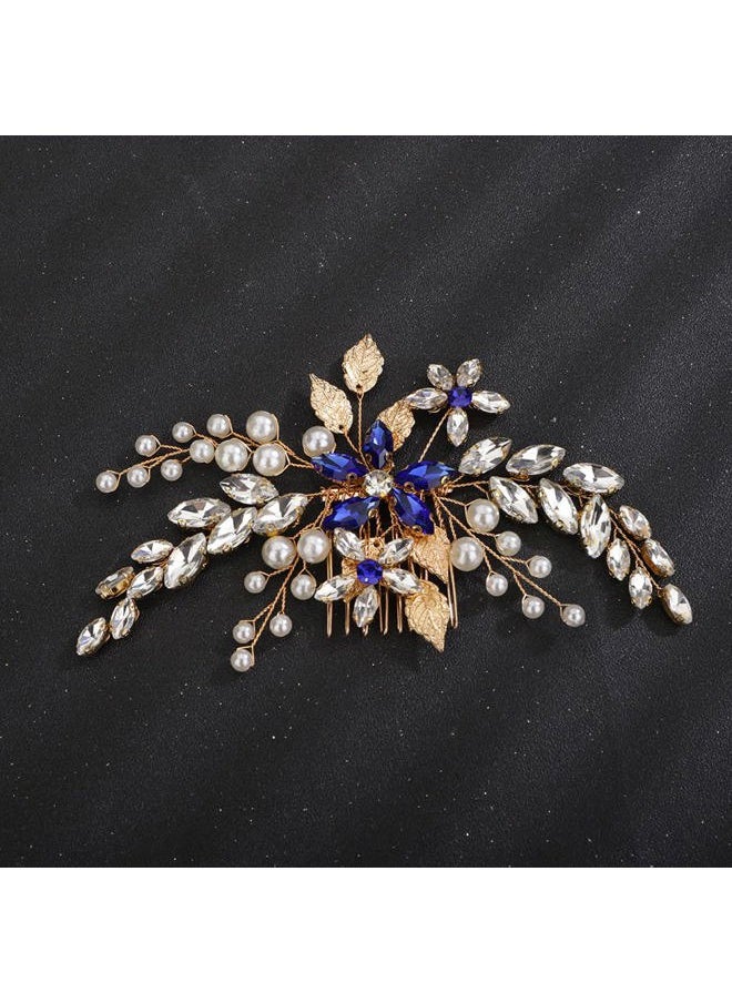 BERYUAN - Blue Crystal Rhinestone Flower Pearls Hair Comb Gold Leaf Hair Piece for Women and Girls Gold Wedding Hair Accessory for Brides and Bridemaids - Image 1