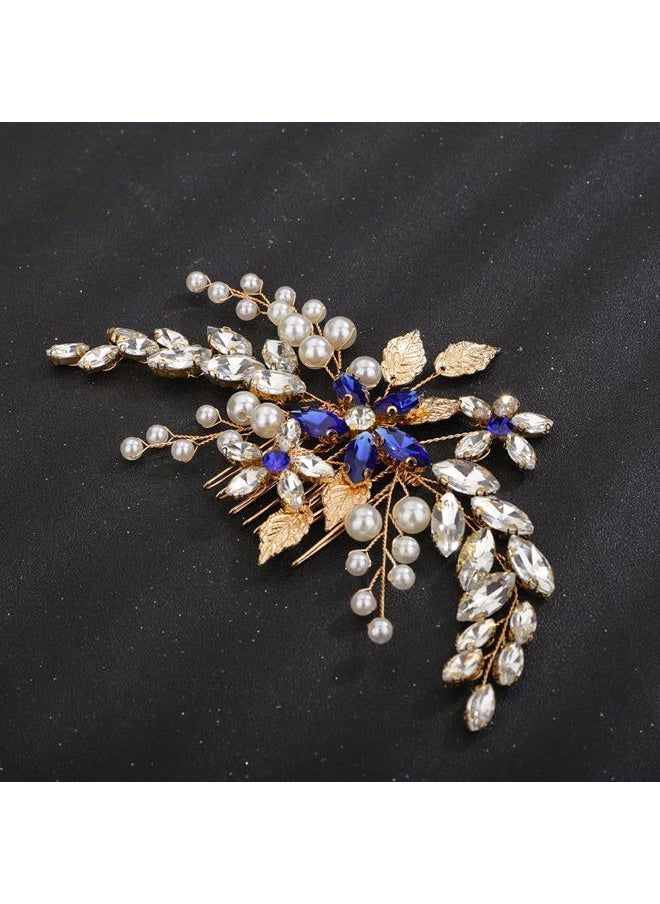BERYUAN - Blue Crystal Rhinestone Flower Pearls Hair Comb Gold Leaf Hair Piece for Women and Girls Gold Wedding Hair Accessory for Brides and Bridemaids - Image 1