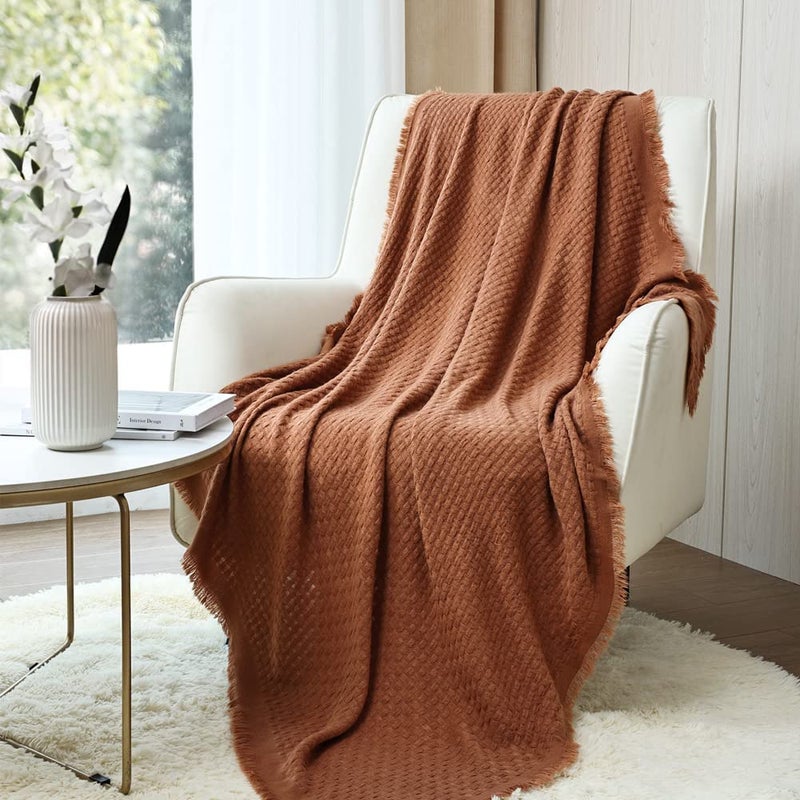 CREVENT Farmhouse Rust Knit Throw Blanket for Couch Sofa Chair Bed Home Decoration, Soft Warm Cozy Light Weight for Spring Summer Fall (50''X60'' Caramel/Rust) - Image 1