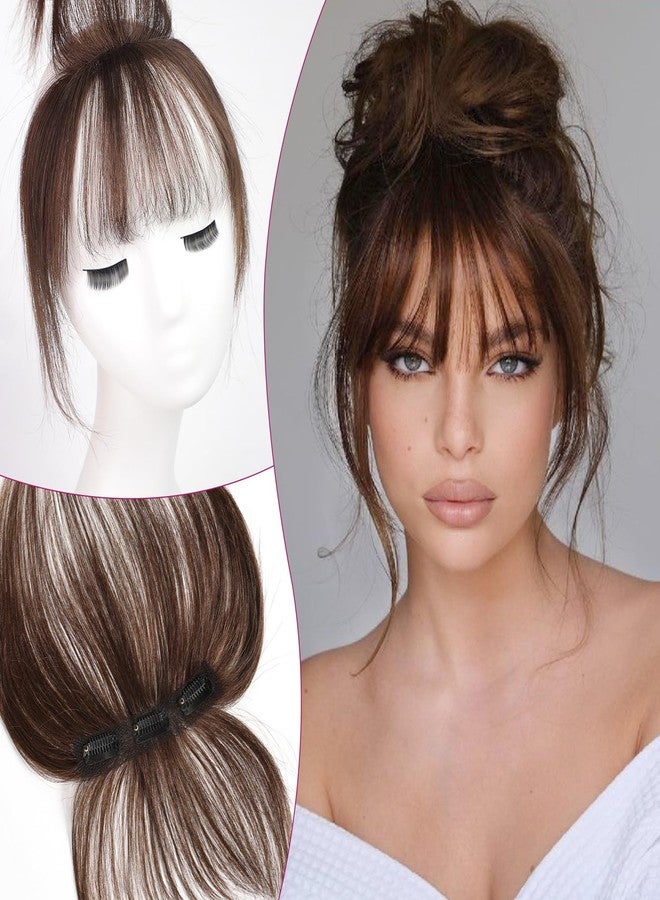 EMMOR Clip-In Bangs, 100% Human Hair Bangs with 3 Non-Slip Clips, 360° Cover Top Hairpieces with 5 Inch Wispy Fringes to Improve Women's Face Features (Natural Brown) - Image 1