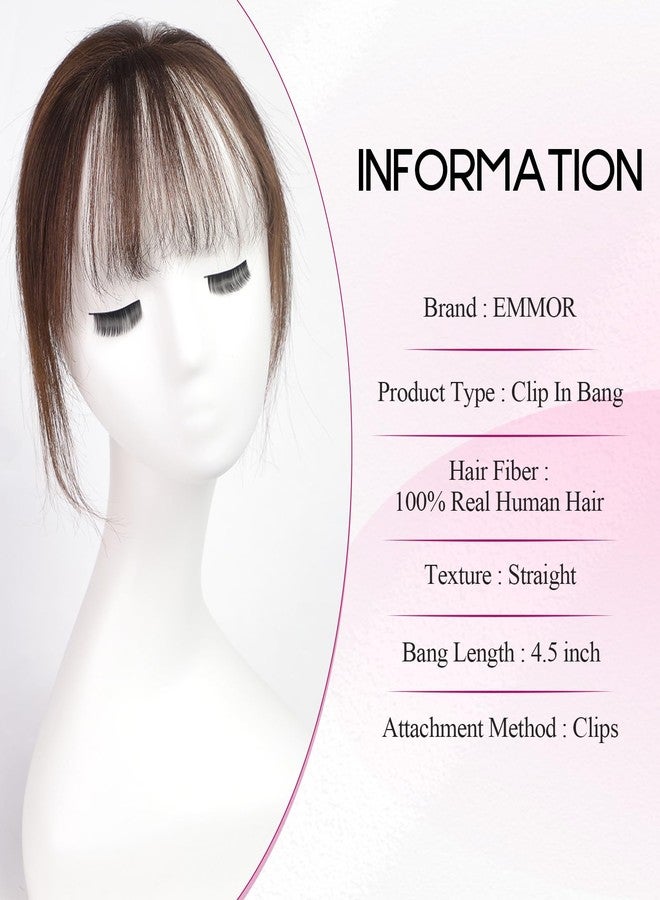 EMMOR Clip-In Bangs, 100% Human Hair Bangs with 3 Non-Slip Clips, 360° Cover Top Hairpieces with 5 Inch Wispy Fringes to Improve Women's Face Features (Natural Brown) - Image 2