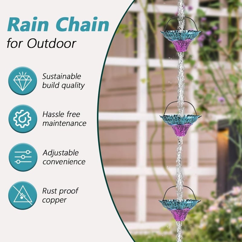 Qipade Store 10FT Rain Chains for Outside, Rain Gutter Chain with 12 Flower Cups, Adjustable Rainwater Catcher Chain for Eaves Drainage, Replacement for Downspout - Image 5