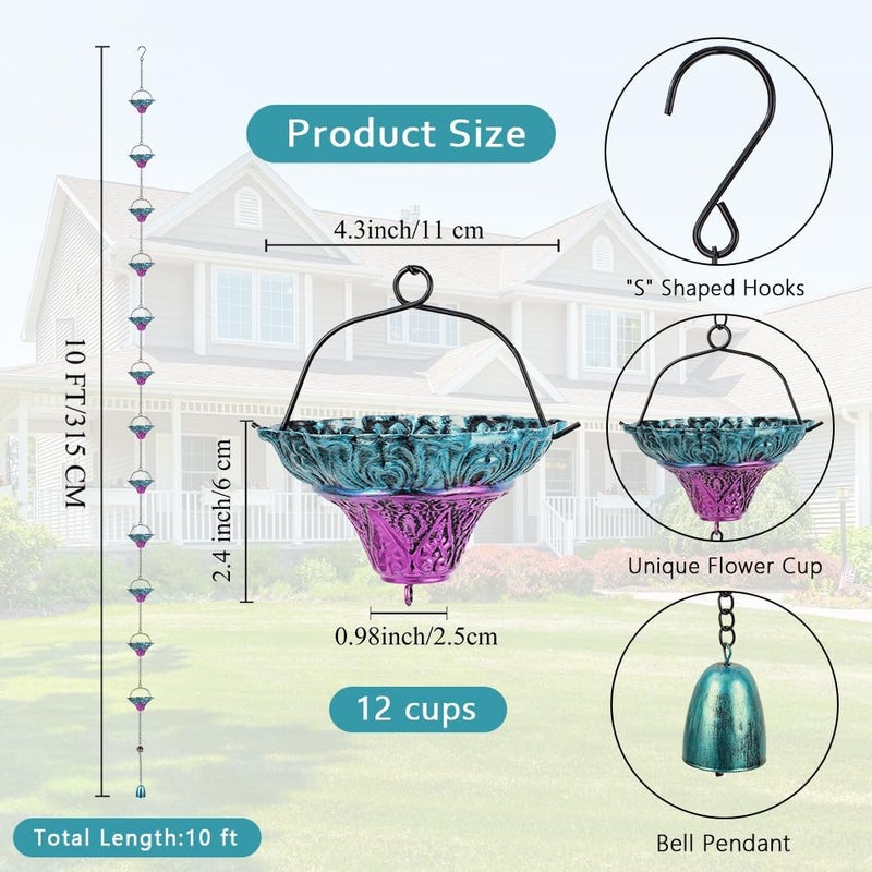 Qipade Store 10FT Rain Chains for Outside, Rain Gutter Chain with 12 Flower Cups, Adjustable Rainwater Catcher Chain for Eaves Drainage, Replacement for Downspout - Image 3