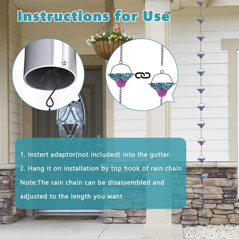 Qipade Store 10FT Rain Chains for Outside, Rain Gutter Chain with 12 Flower Cups, Adjustable Rainwater Catcher Chain for Eaves Drainage, Replacement for Downspout - Image 4