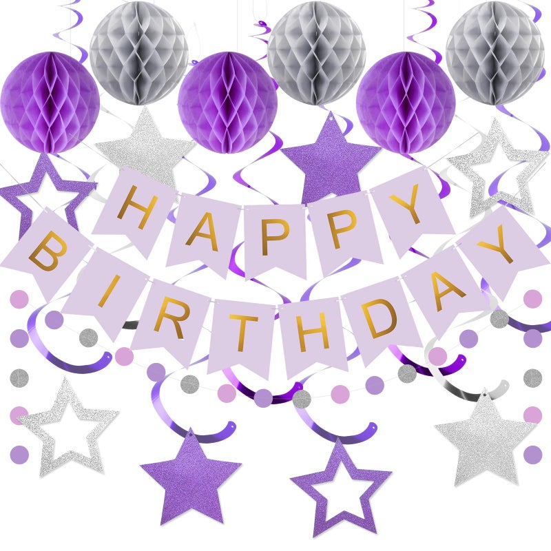 meowtastic Birthday Decorations, Happy Birthday Banner with Honeycomb Ball, Star Hanging Swirl Streamer, Circle Dot Garland, Happy Birthday Party Decoration for Women Men Boys Girls (Purple & Silver) - Image 1