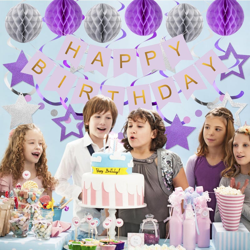 meowtastic Birthday Decorations, Happy Birthday Banner with Honeycomb Ball, Star Hanging Swirl Streamer, Circle Dot Garland, Happy Birthday Party Decoration for Women Men Boys Girls (Purple & Silver) - Image 5