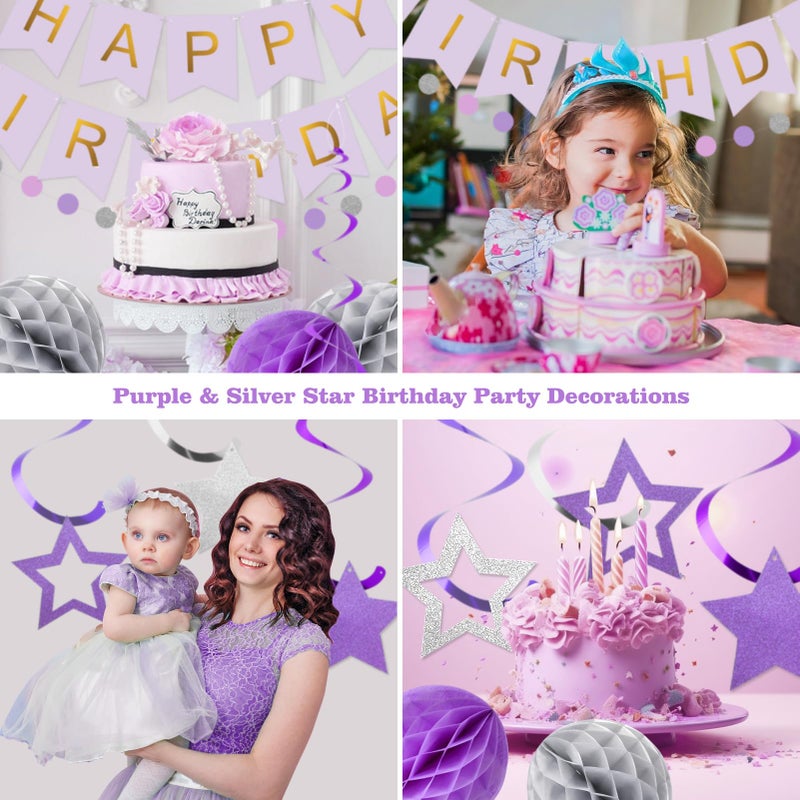 meowtastic Birthday Decorations, Happy Birthday Banner with Honeycomb Ball, Star Hanging Swirl Streamer, Circle Dot Garland, Happy Birthday Party Decoration for Women Men Boys Girls (Purple & Silver) - Image 4